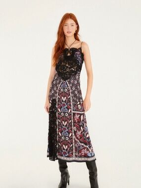 Farm Rio Black Marcelle Lace Slip Midi Dress XS